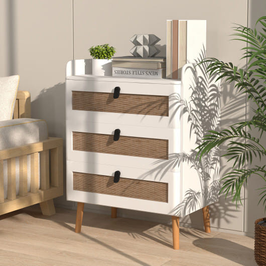 Modern End Table with 3 Rattan Decorated Drawers-White - Color: White D681-JV11095WH