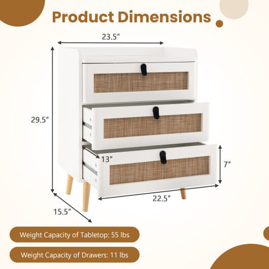 Modern End Table with 3 Rattan Decorated Drawers-White - Color: White D681-JV11095WH