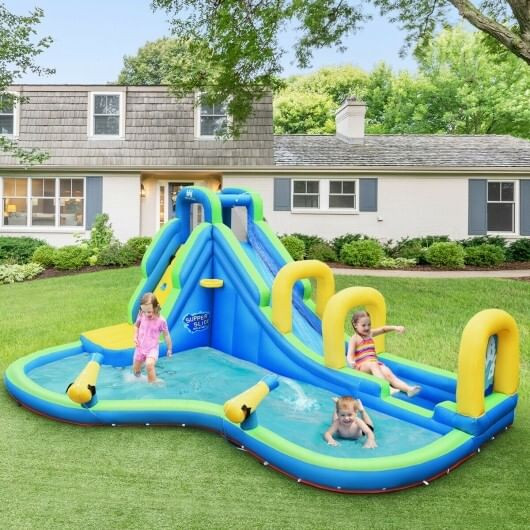 Inflatable Water Slide Kids Bounce House with Water Cannons and Hose Without Blower - Color: Blue D681-OP70401