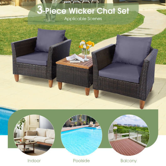 3 Pieces Patio Rattan Bistro Furniture Set with Wooden Table Top-Gray - Color: Gray D681-HW71637GR