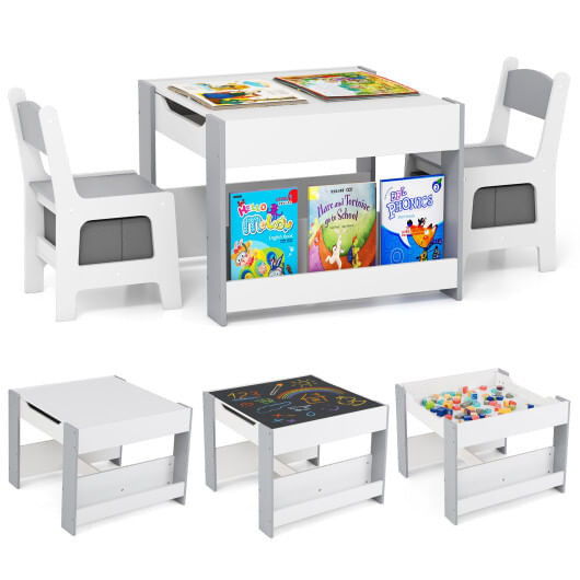 4 in 1 Kids Toddler Activity Table and Chairs Set with Reversible Tabletop-Grey - Color: Gray D681-HY10282GR