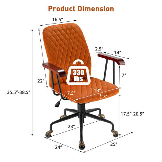 Velvet Home Office Chair with Wooden Armrest Orange - Color: Orange D681-CB10349OR