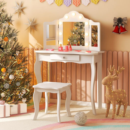Kid Vanity Table Stool Set with Tri-Folding Mirror and 3-Color LED Lights-White - Color: White D681-HY10235US-WH