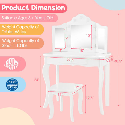 Kid Vanity Table Stool Set with Tri-Folding Mirror and 3-Color LED Lights-White - Color: White D681-HY10235US-WH