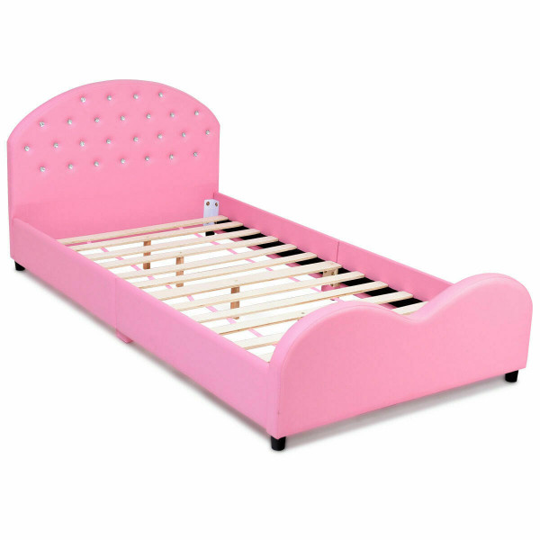 Twin Size Upholstered Platform Toddler Bed with Wood Slat Support - Color: Pink - Size: Twin Size D681-HW59101