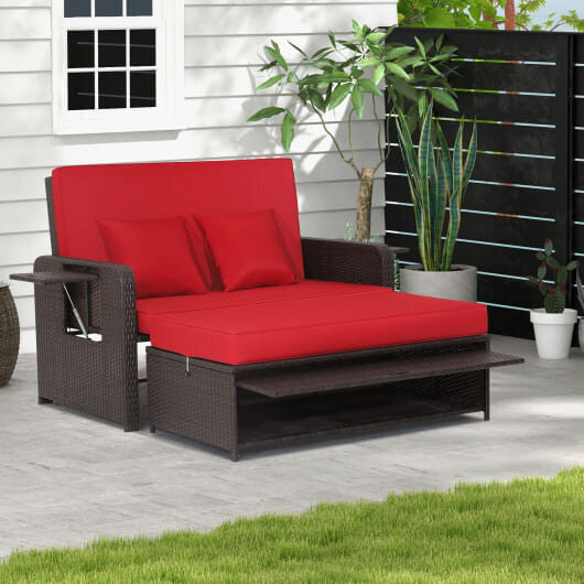 Patio Rattan Daybed with 4-Level Adjustable Backrest and Retractable Side Tray-Red - Color: Red D681-HW70644RE+