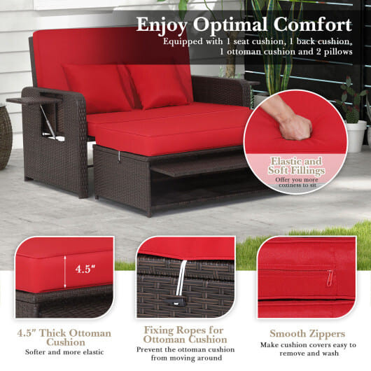 Patio Rattan Daybed with 4-Level Adjustable Backrest and Retractable Side Tray-Red - Color: Red D681-HW70644RE+