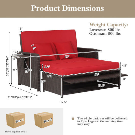 Patio Rattan Daybed with 4-Level Adjustable Backrest and Retractable Side Tray-Red - Color: Red D681-HW70644RE+