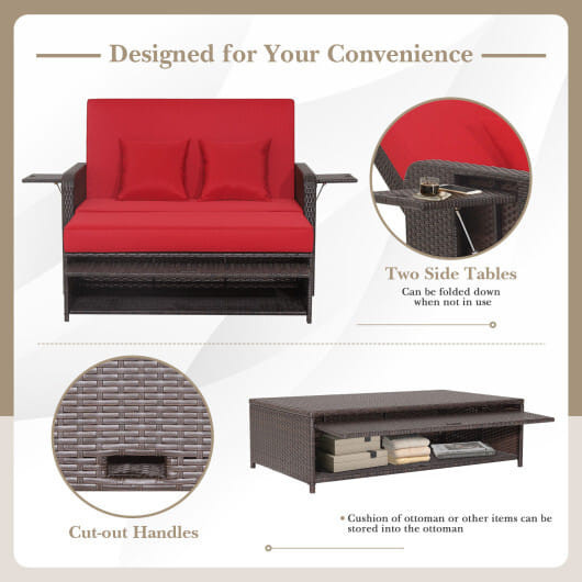 Patio Rattan Daybed with 4-Level Adjustable Backrest and Retractable Side Tray-Red - Color: Red D681-HW70644RE+