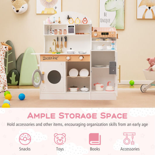 Kids Kitchen Set Wooden with Coffee Makers and Accessories-White - Color: White D681-TM10119WH