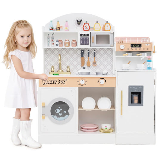 Kids Kitchen Set Wooden with Coffee Makers and Accessories-White - Color: White D681-TM10119WH