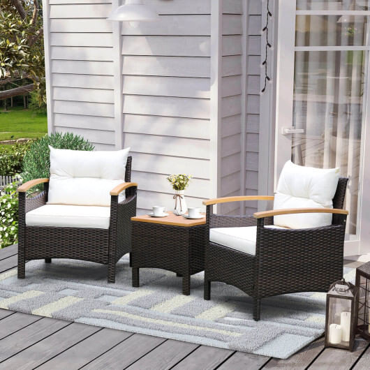 3 Pieces Patio Rattan Furniture Set with Removable Cushion-Off White - Color: Off White D681-HW70448