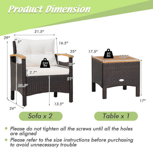 3 Pieces Patio Rattan Furniture Set with Removable Cushion-Off White - Color: Off White D681-HW70448