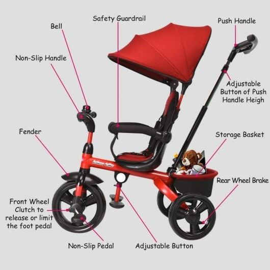 4-in-1 Kids Tricycle with Adjustable Push Handle-Red - Color: Red D681-TY326400RE