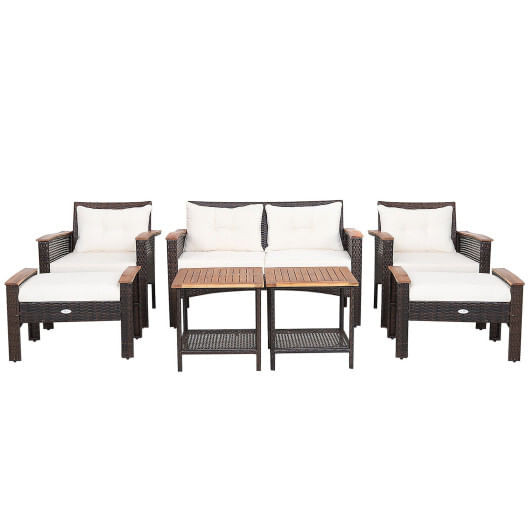 7 Pieces Patio Rattan Cushioned Conversation Furniture Set - Color: Beige D681-HW69539+