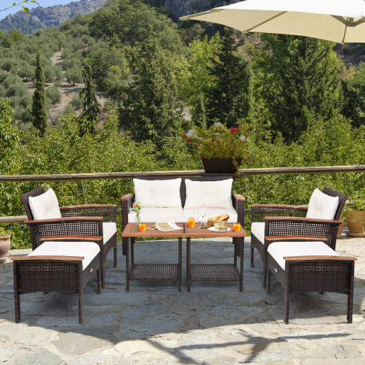 7 Pieces Patio Rattan Cushioned Conversation Furniture Set - Color: Beige D681-HW69539+