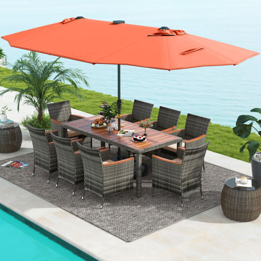 11 Pieces Patio Dining Set with 15 Feet Double-Sided Patio Umbrella Base Included-Orange - Color: O D681-NP11368OR+HW71816+