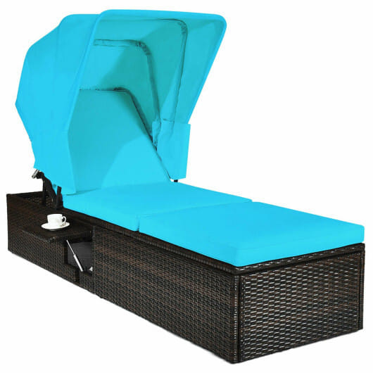 Outdoor Chaise Lounge Chair with Folding Canopy-Turquoise - Color: Turquoise D681-HW68260TU+