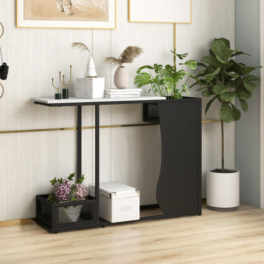 43.5 Inch Console Table with Plant Position and Faux Marble Top-Black - Color: Black & White D681-JV10992BK