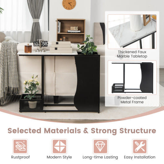 43.5 Inch Console Table with Plant Position and Faux Marble Top-Black - Color: Black & White D681-JV10992BK
