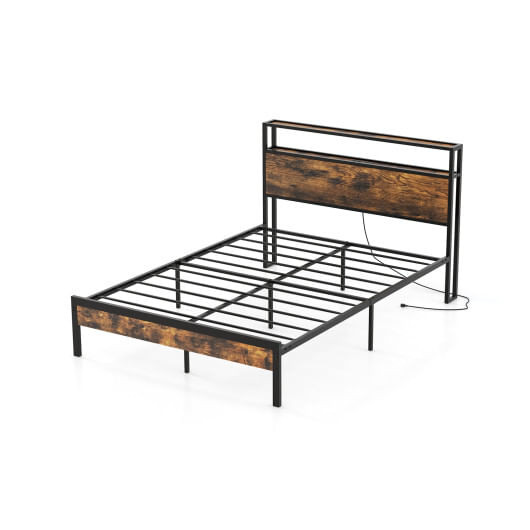 Twin/Full/Queen Bed Frame with Storage Headboard and Charging Station-Full Size - Color: Rustic Bro D681-HU10518US-F