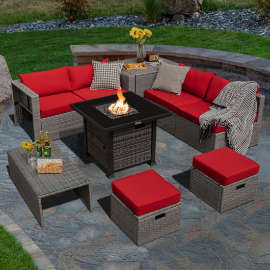 9 Pieces Outdoor Patio Furniture Set with 32-Inch Propane Fire Pit Table-Red - Color: Red D681-NP10618GR+HW68604RE+
