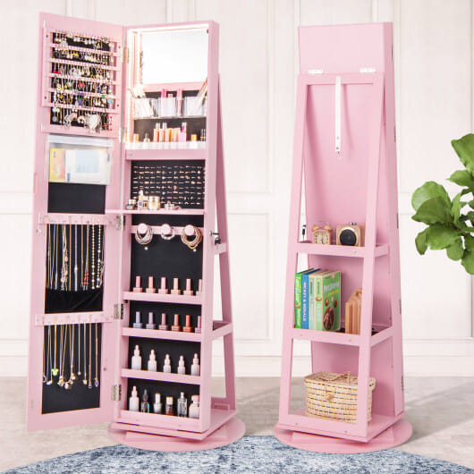 360?° Rotating Mirrored Jewelry Cabinet Armoire 3 Color LED Modes Lockable-Pink - Color: Pink D681-JV10430PI