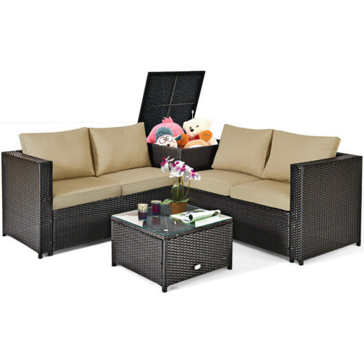 4 Pieces Outdoor Patio Rattan Furniture Set with Cushioned Loveseat and Storage Box-Brown - Color:  D681-HW66714BBN+