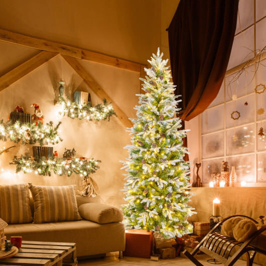 6/7.5/9 Feet Pre-Lit Artificial Christmas Tree Snow Flocked Hinged-6 ft - Color: Green - Size: 6 ft D681-CM24991US-S