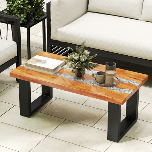 Teak Wood Patio Table with River Feel Epoxy Tabletop - Color: Natural D681-JV11846