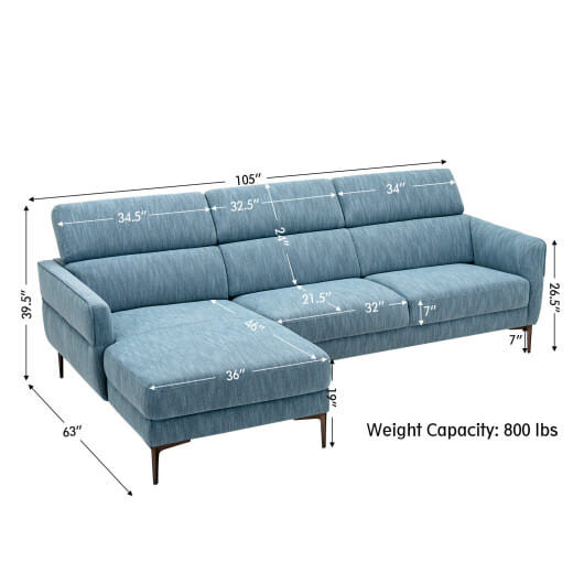 105 Inch L-Shaped Sofa Couch with 3 Adjustable Headrests-Blue - Color: Blue D681-HV10183WL-NY+