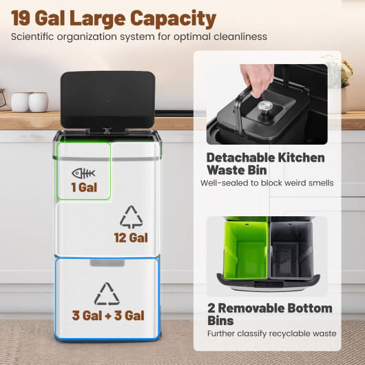 19 Gal Stainless Steel Trash Can with Kitchen Waste Bin and 2 Bottom Recycling Bins-Silver - Color: D681-GY10018SL