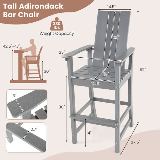 Tall Adirondack Chair Outdoor Bar Stool with Ergonomic Backrest for Backyard-Gray - Color: Gray D681-NP11903GR