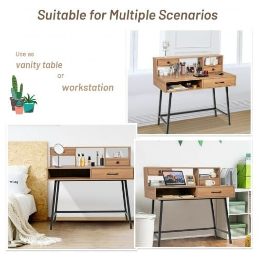 42-Inch Vanity Desk with Tabletop Shelf and 2 Drawers-Natural - Color: Natural D681-HU10136NA