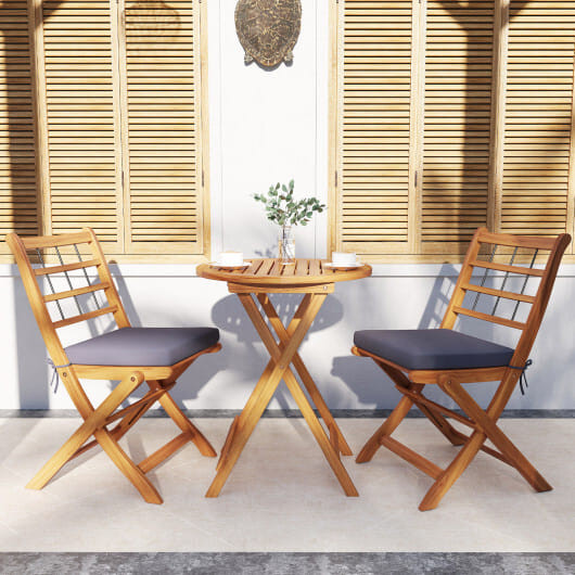 3 Pieces Acacia Wood Patio Bistro Set with Cushions-Gray - Color: Gray D681-HW72586GR