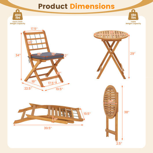 3 Pieces Acacia Wood Patio Bistro Set with Cushions-Gray - Color: Gray D681-HW72586GR