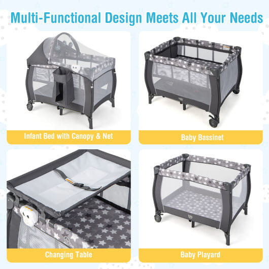 Portable Baby Nursery Center 4-in-1 Portable Travel Crib-Gray - Color: Gray D681-BE10015GR