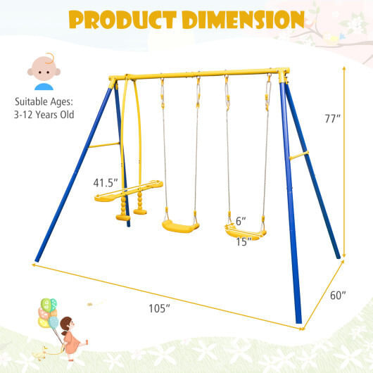 Metal Swing Set for Backyard with 2 Swing Seats and 2 Glider Seats-Blue - Color: Blue D681-NP11647BL
