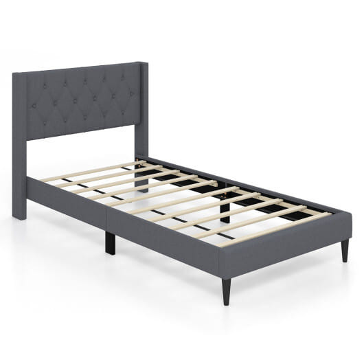 Twin Size Upholstered Platform Bed with Button Tufted Wingback Headboard-Gray - Color: Gray - Size: D681-HU10570GR-T