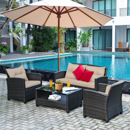 4 Pieces Outdoor Rattan Furniture Set with Glass Table - Color: Brown D681-HW68640B+