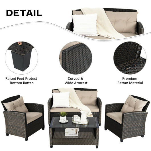 4 Pieces Outdoor Rattan Furniture Set with Glass Table - Color: Brown D681-HW68640B+