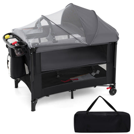 Foldable Baby Bassinet with 4 Adjustable Heights Changing Table and Mattress-Black - Color: Black D681-BE10061DK