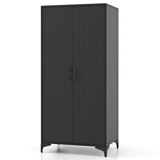62 Inch Wicker Wardrobe with 2 Doors PE Rattan Closet with Hanging Rod-Black - Color: Black D681-JZ10260DK