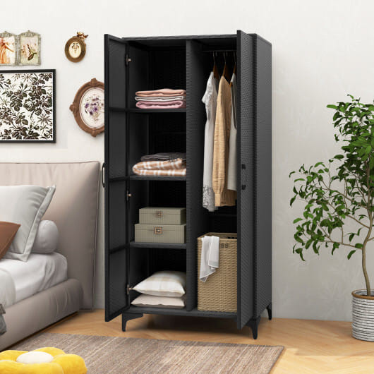 62 Inch Wicker Wardrobe with 2 Doors PE Rattan Closet with Hanging Rod-Black - Color: Black D681-JZ10260DK