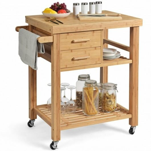 Bamboo Kitchen Trolley Cart with Tower Rack and Drawers - Color: Natural D681-KC53113