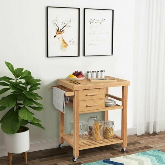 Bamboo Kitchen Trolley Cart with Tower Rack and Drawers - Color: Natural D681-KC53113