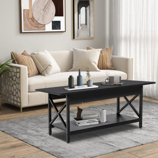 2-Tier Rectangle Coffee Table with Storage Shelf and X-shaped Metal Frame-Black - Color: Black D681-JV10954DK
