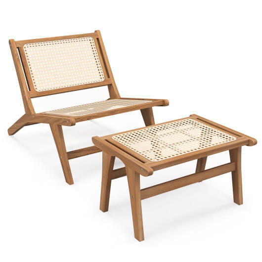 Mid Century Modern Accent Chair Farmhouse Handwoven Rattan Chair with Ottoman D681-JV11765+JV11766