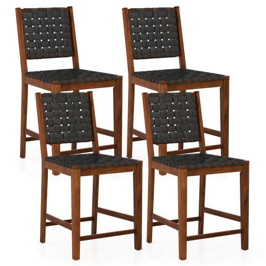 Set of 2 Woven Bar Stools with Faux PU Leather Straps-Black - Color: Black D681-JV11216DK