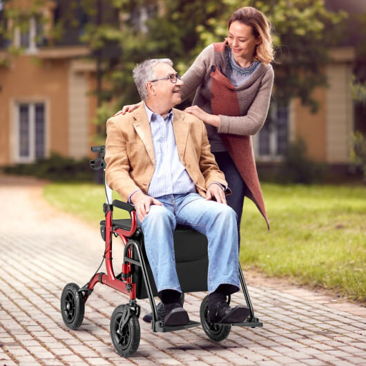2-in-1 Foldable Rollator Walker with Seat abd 9 Inch Pneumatic Tires for Seniors-Red - Color: Red D681-JH10028RE
